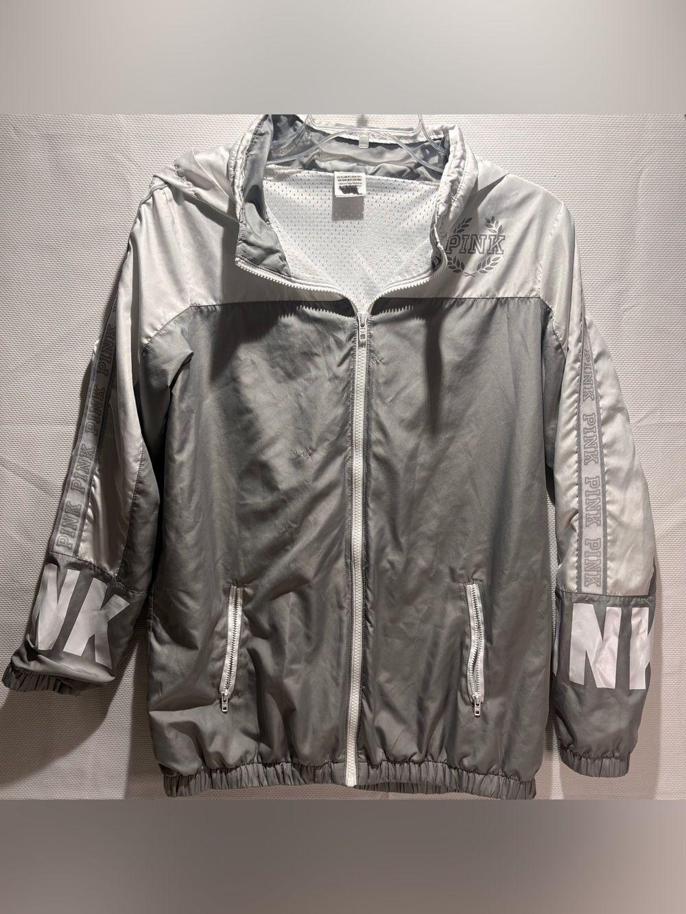 PINK Victoria's Secret Light Gray Two-Tone Hooded Windbreaker